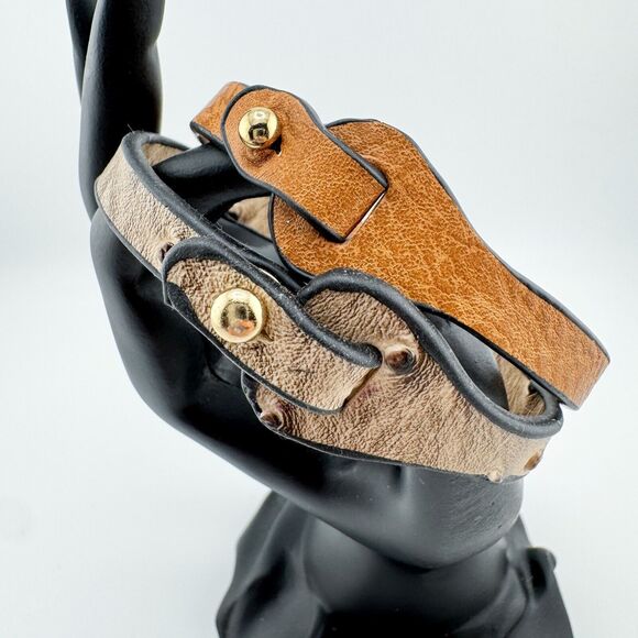 2 Faux Leather Belt Bracelets Ostrich Tan Brown Casual Minimalist Preppy - Picture 2 of 9